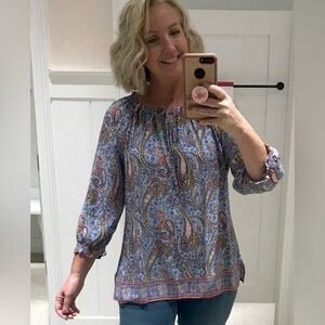 Talbots Plus Garden Paisley Tie Blouse Boho Floral Peasant